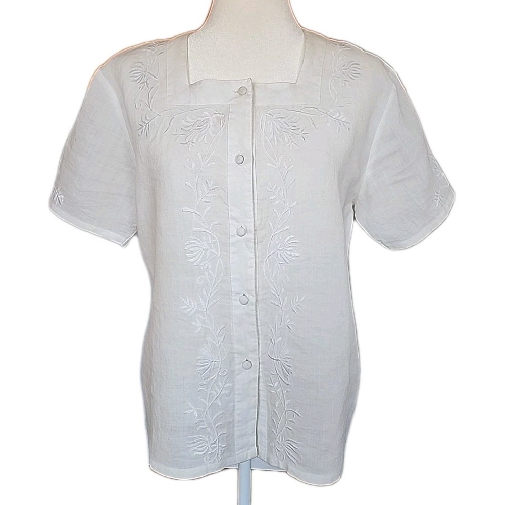 Womens White Embroidered 100% Linen Blouse Sz 8 Boxy Cottage Lagom Resort Office